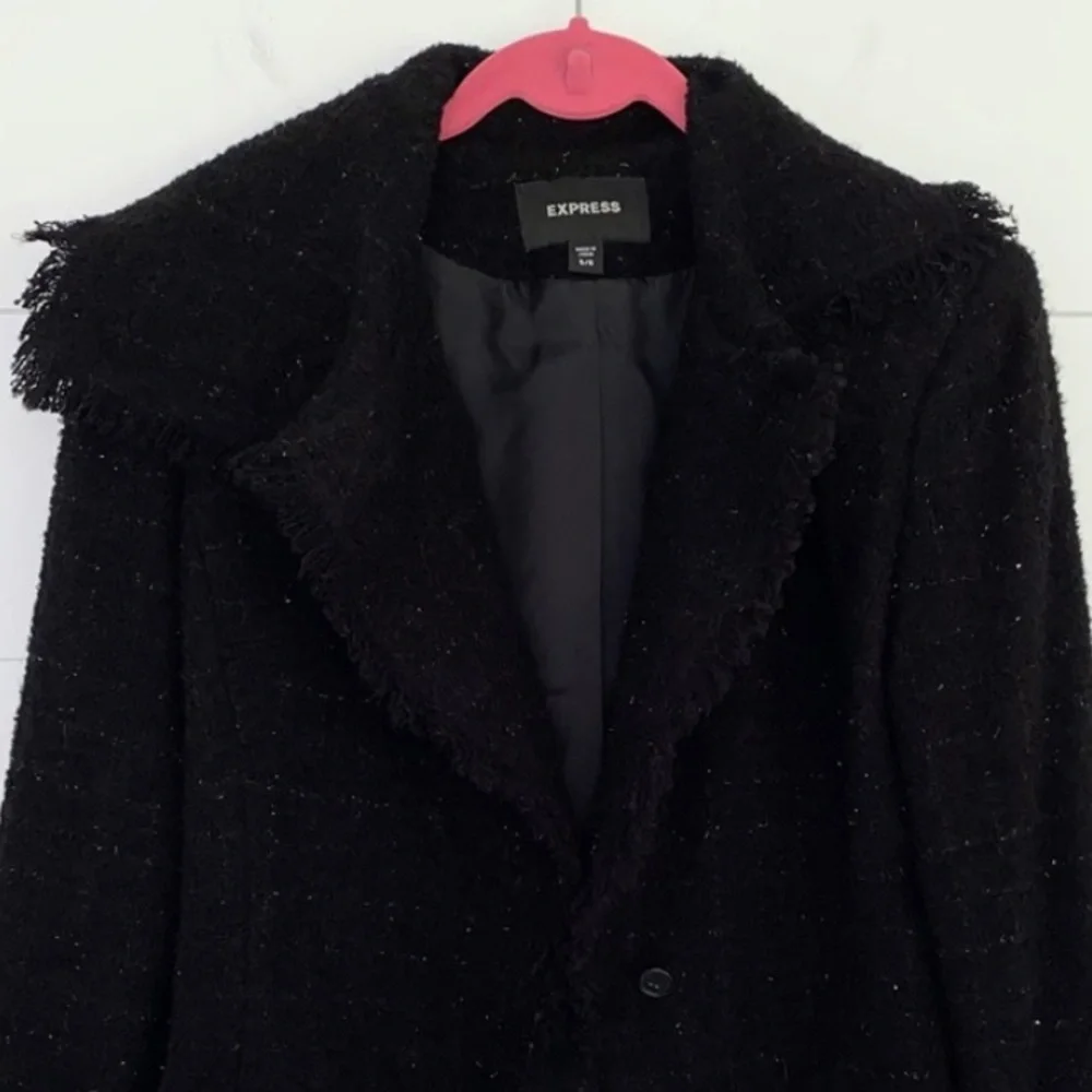 Express Wool Blend Boucle Fringe Trim Moto Jacket Black 5/6